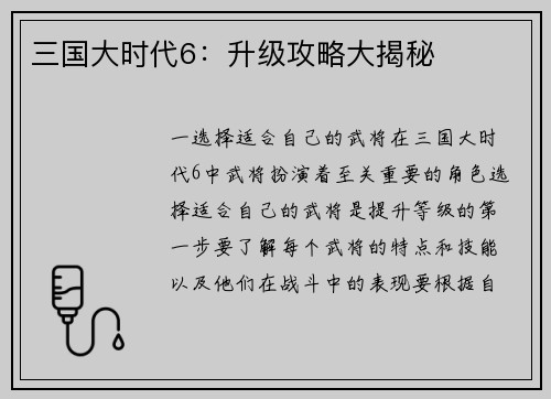 三国大时代6：升级攻略大揭秘