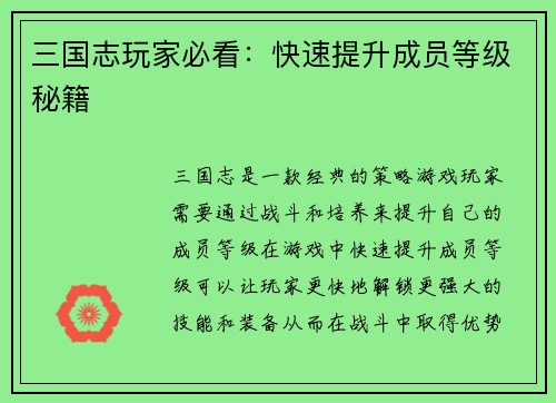 三国志玩家必看：快速提升成员等级秘籍